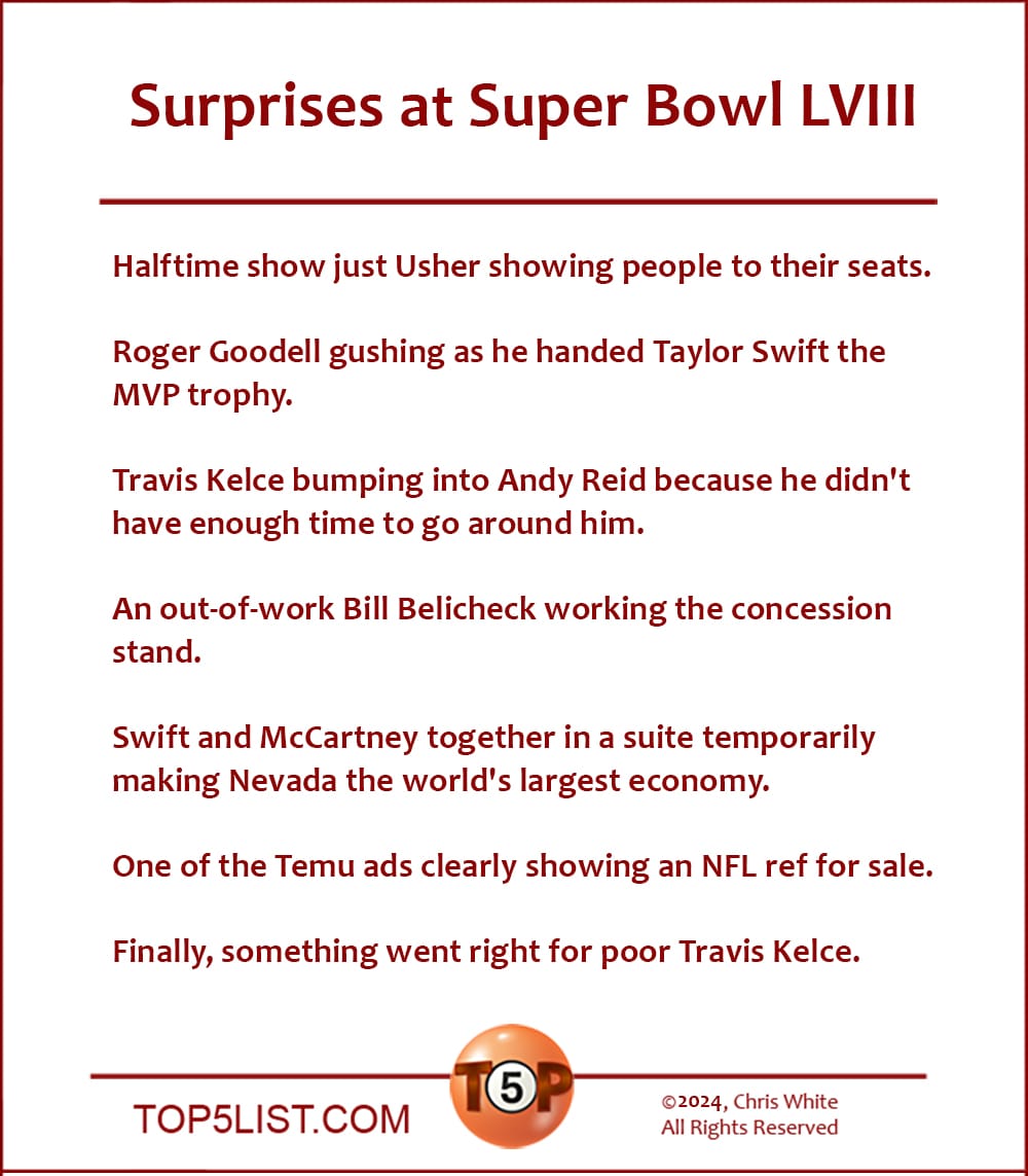 Surprises at Super Bowl LVIII  |  Halftime show just Usher showing people to their seats.  Roger Goodall gushing as he handed Taylor Swift the MVP trophy.  Travis Kelce bumping into Andy Reid because he didn't have enough time to go around him.  An out-of-work Bill Belicheck working the concession stand.  Swift and McCartney together in a suite temporarily making Nevada the world's largest economy.  One of the Temu ads clearly showing an NFL ref for sale.  Finally, something went right for poor Travis Kelce.