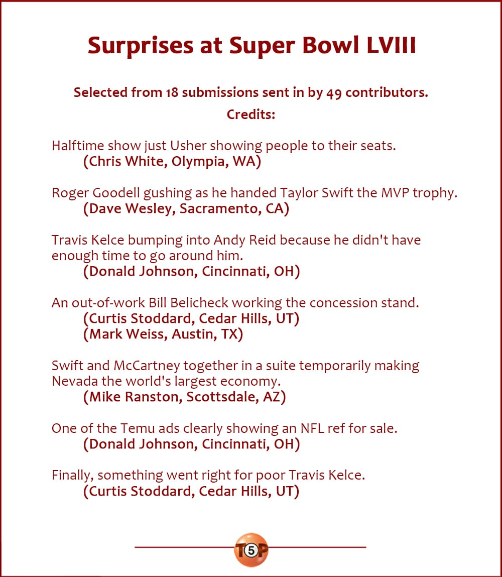Surprises at Super Bowl LVIII |  Selected from 49 submissions sent in by 18 contributors. Writer credits:    Halftime show was just Usher showing people to their seats. 	(Chris White, Olympia, WA)  Roger Goodall gushing as he handed Taylor Swift the MVP trophy. 	(Dave Wesley, Sacramento, CA)  Travis Kelce bumped into Andy Reid because he didn't have enough time to go around him. 	(Donald Johnson, Cincinnati, OH)  An out of work Bill Belicheck worked the concession stand. 	(Curtis Stoddard, Cedar Hills, UT) 	(Mark Weiss, Austin, TX)  Swift and McCartney together in a suite temporarily made Nevada the world's largest economy. 	(Mike Ranston, Scottsdale, AZ)  One of the Temu ads clearly showed an NFL ref for sale. 	(Donald Johnson, Cincinnati, OH)  Finally, something went right for poor Travis Kelce. 	(Curtis Stoddard, Cedar Hills, UT)