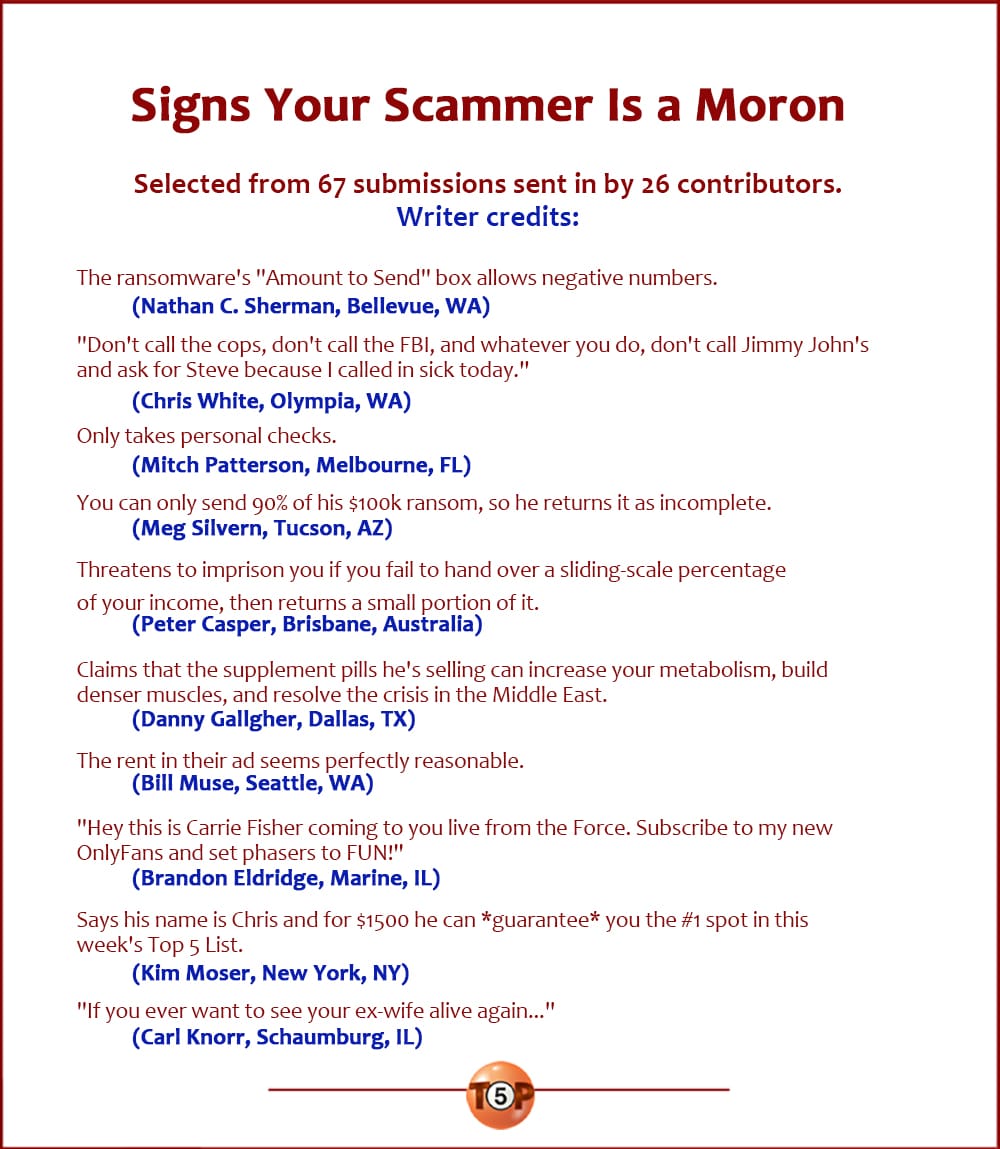 Signs Your Scammer Is a Moron   |   Selected from 67 submissions sent in by 26 contributors.  The ransomware's "Amount to Send" box allows negative numbers. 	(Nathan C. Sherman, Bellevue, WA)  "Don't call the cops, don't call the FBI, and whatever you do, don't call Jimmy John's and ask for Steve because I called in sick today." 	(Chris White, Olympia, WA)  Only takes personal checks. 	(Mitch Patterson, Melbourne, FL)  You can only send 90% of his $100k ransom, so he returns it as incomplete. 	(Meg Silvern, Tucson, AZ)  Threatens to imprison you if you fail to hand over a sliding-scale percentage of your income, then returns a small portion of it. 	(Peter Casper, Brisbane, Australia)  Claims that the supplement pills he's selling can increase your metabolism, build denser muscles, and resolve the crisis in the Middle East. 	(Danny Gallgher, Dallas, TX)  The rent in their ad seems perfectly reasonable. 	(Bill Muse, Seattle, WA)  "Hey this is Carrie Fisher coming to you live from the Force. Subscribe to my new OnlyFans and set phasers to FUN!" 	(Brandon Eldridge, Marine, IL)  Says his name is Chris and for $1500 he can *guarantee* you the #1 spot in this week's Top 5 List. 	(Kim Moser, New York, NY)  "If you ever want to see your ex-wife alive again..." 	(Carl Knorr, Schaumburg, IL)