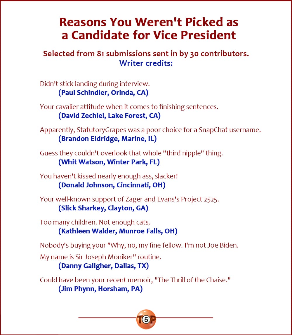 Reasons You Weren't Picked as a Candidate for Vice President   |   Selected from 81 submissions sent in by 30 contributors.  Didn't stick landing during interview. 	(Paul Schindler, Orinda, CA)  Your cavalier attitude when it comes to finishing sentences. 	(David Zechiel, Lake Forest, CA)  Apparently, StatutoryGrapes was a poor choice for a SnapChat username. 	(Brandon Eldridge, Marine, IL)  Guess they couldn't overlook that whole "third nipple" thing. 	(Whit Watson, Winter Park, FL)  You haven't kissed nearly enough ass, slacker! 	(Donald Johnson, Cincinnati, OH)  Your well-known support of Zager and Evans's Project 2525. 	(Slick Sharkey, Clayton, GA)  Too many children. Not enough cats. 	(Kathleen Walder, Munroe Falls, OH)  Nobody's buying your "Why, no, my fine fellow. I'm not Joe Biden. My name is Sir Joseph Moniker" routine. 	(Danny Gallgher, Dallas, TX)  Could have been your recent memoir, "The Thrill of the Chaise." 	(Jim Phynn, Horsham, PA)