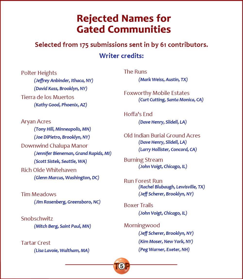 The Top 16 Rejected Names for Gated Communities   |   This list was originally published on June 2, 2000. Writer credits:   Polter Heights 	(Jeffrey Anbinder, Ithaca, NY) 	(David Kass, Brooklyn, NY)  Tierra de los Muertos 	(Kathy Good, Phoenix, AZ)  Aryan Acres 	(Tony Hill, Minneapolis, MN) 	(Joe DiPietro, Brooklyn, NY)  Downwind Chalupa Manor 	(Jennifer Bieneman, Grand Rapids, MI) 	(Scott Sistek, Seattle, WA)  Rich Olde Whitehaven 	(Glenn Marcus, Washington, DC)  Tim Meadows 	(Jim Rosenberg, Greensboro, NC)  Snobschwitz 	(Mitch Berg, Saint Paul, MN)  Tartar Crest 	(Lisa Lavoie, Waltham, MA)  The Runs 	(Mark Weiss, Austin, TX)  Foxworthy Mobile Estates 	(Curt Cutting, Santa Monica, CA)  Hoffa's End 	(Dave Henry, Slidell, LA)  Old Indian Burial Ground Acres 	(Dave Henry, Slidell, LA) 	(Larry Hollister, Concord, CA)  Burning Stream 	(John Voigt, Chicago, IL)  Run Forest Run 	(Rachel Blubaugh, Lewisville, TX) 	(Jeff Scherer, Brooklyn, NY)  Boxer Trails 	(John Voigt, Chicago, IL)  Morningwood 	(Jeff Scherer, Brooklyn, NY) 	(Kim Moser, New York, NY) 	(Peg Warner, Exeter, NH)