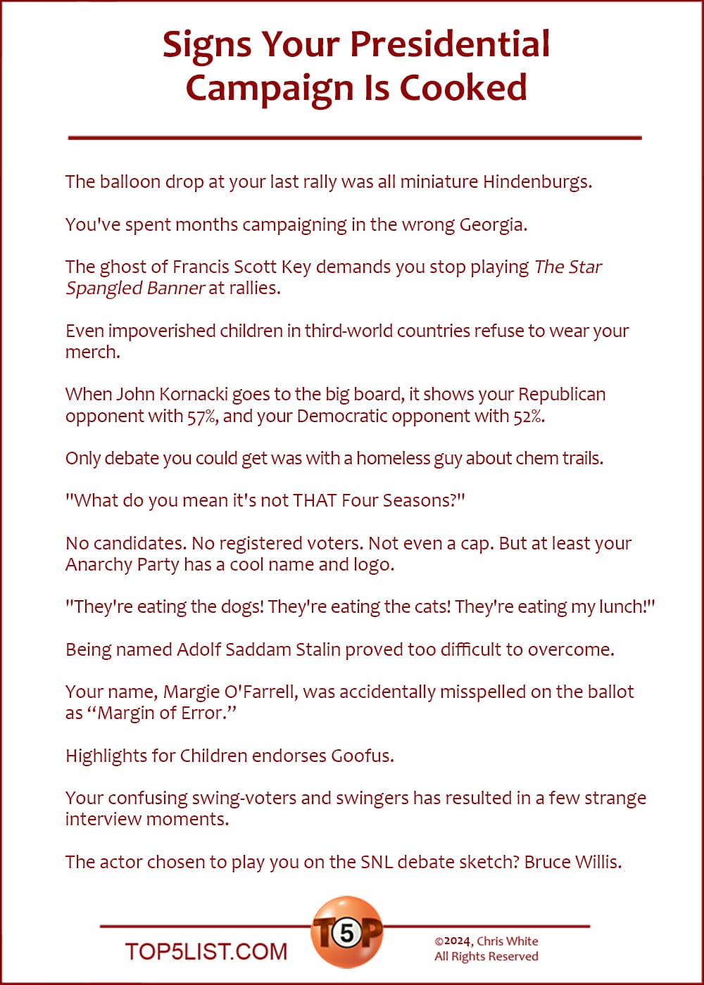 The Top 14 Signs Your Presidential Campaign Is Cooked   |   The balloon drop at your last rally was all miniature Hindenburgs.  You've spent months campaigning in the wrong Georgia.  The ghost of Francis Scott Key demands you stop playing The Star Spangled Banner at rallies.  Even impoverished children in third-world countries refuse to wear your merch.  When John Kornacki goes to the big board, it shows your Republican opponent with 57%, and your Democratic opponent with 52%.  Only debate you could get was with a homeless guy about chem trails.  "What do you mean it's not THAT Four Seasons?"  No candidates. No registered voters. Not even a cap. But at least your Anarchy Party has a cool name and logo.  "They're eating the dogs! They're eating the cats! They're eating my lunch!"  Being named Adolf Saddam Stalin proved too difficult to overcome.  Your name, Margie O'Farrell, was accidentally misspelled on the ballot as “Margin of Error.”  Highlights for Children endorses Goofus.  Your confusing swing-voters and swingers has resulted in a few strange interview moments.  The actor chosen to play you on the SNL debate sketch? Bruce Willis.