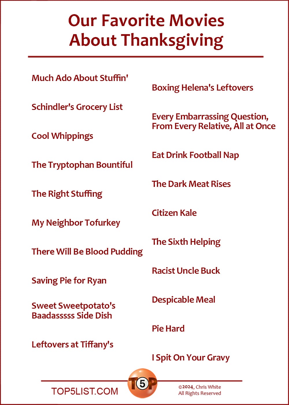 The Top 20 Movies About Thanksgiving  |   Much Ado About Stuffin'  Schindler's Grocery List  Cool Whippings  The Tryptophan Bountiful  The Right Stuffing  My Neighbor Tofurkey  There Will Be Blood Pudding  Saving Pie for Ryan  Sweet Sweetpotato's Baadasssss Side Dish  Leftovers at Tiffany's  Boxing Helena's Leftovers  Every Embarrassing Question, From Every Relative, All at Once  Eat Drink Football Nap  The Dark Meat Rises  Citizen Kale  The Sixth Helping  Racist Uncle Buck  Despicable Meal  Pie Hard  I Spit On Your Gravy