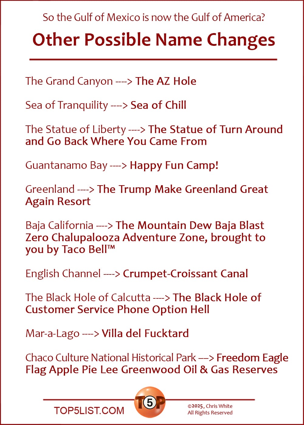 (So the Gulf of Mexico is now the Gulf of America?)  The Top 10 Other Possible Name Changes  |  The Grand Canyon - The AZ Hole  Sea of Tranquility - Sea of Chill  The Statue of Liberty - The Statue of Turn Around and Go Back Where You Came From!  Guantanamo Bay - Happy Fun Camp!  Greenland - The Trump Make Greenland Great Again Resort  Baja California - The Mountain Dew Baja Blast Zero Chalupalooza Adventure Zone, brought to you by Taco Bell  English Channel - Crumpet-Croissant Canal  The Black Hole of Calcutta - The Black Hole of Customer Service Phone Option Hell  Mar-a-Lago - Villa del Fucktard  Chaco Culture National Historical Park - Freedom Eagle Flag Apple Pie Lee Greenwood Oil & Gas Reserves